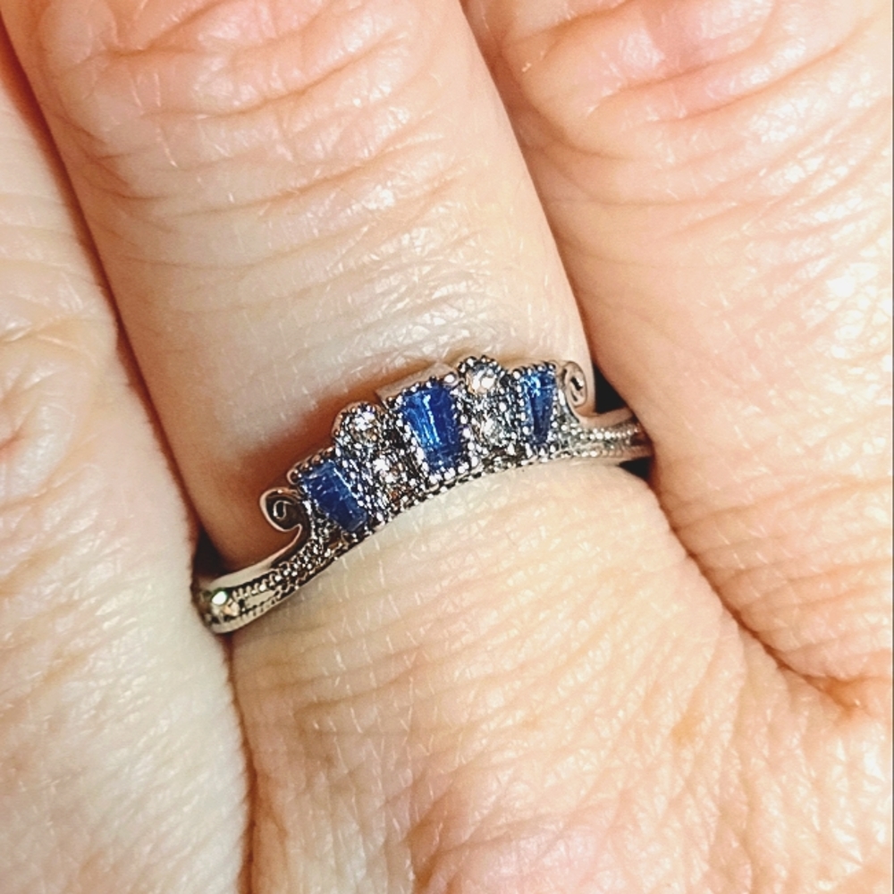 Size 9 - 925 Sterling Silver Blue Gemstone Tiara Ring